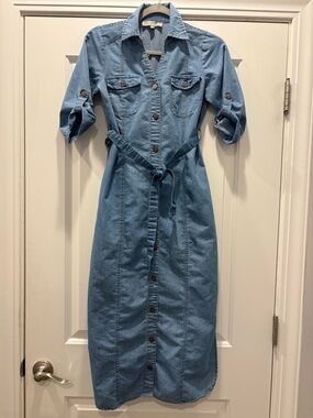 Light Blue Denim Maxi Shirt Dress with Tie Belt